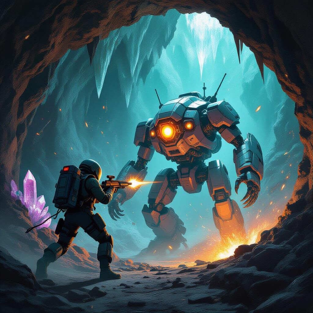 Mecha vs. Insectoid Kaiju in Bioluminescent Cavern