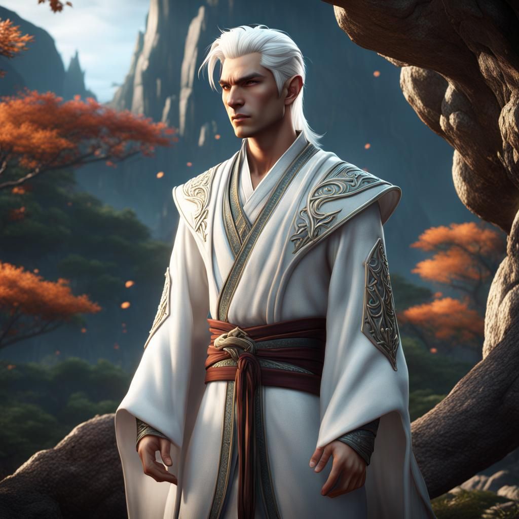 Handsome Asian Elf in White Robe: Digital Painting