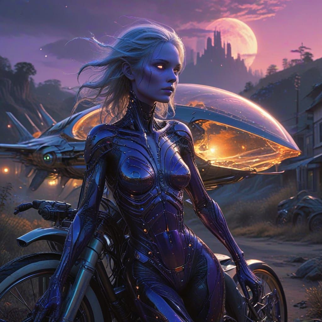 Alien Girl Cruises Futuristic Village on Glimmering Bicycle