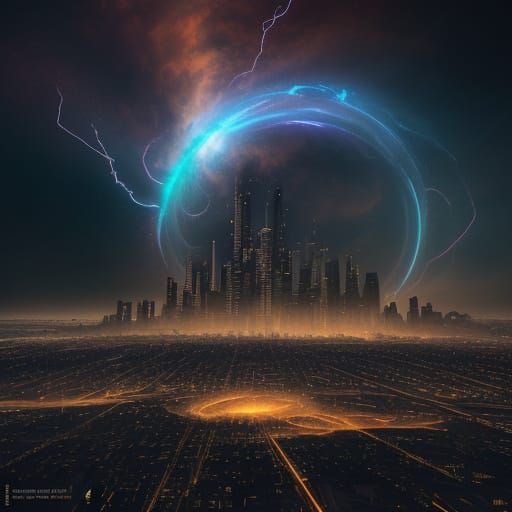 Electric Dreamscape: A City Transformed by Celestial Forces
