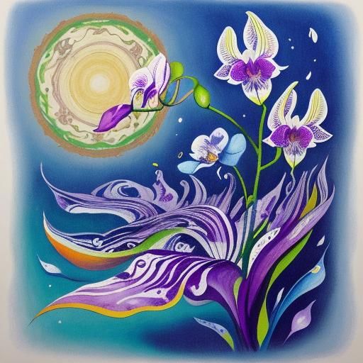 Surreal Orchid Botanical Ink Drawing in Sepia