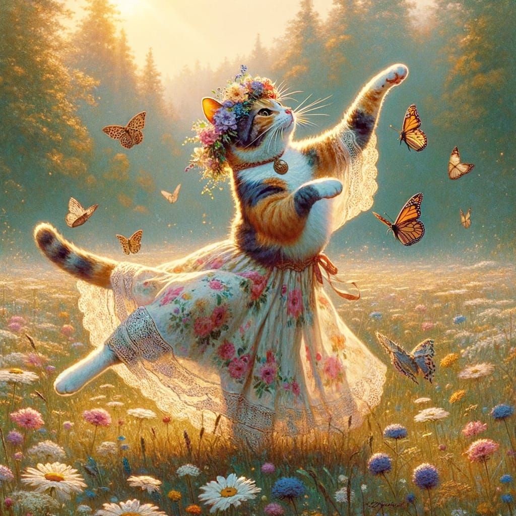 Calico Cat Dancing in Meadow with Flower Crown