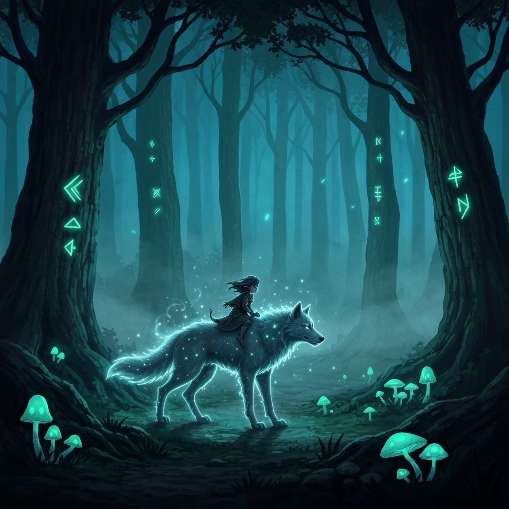 Spectral Wolf Guides Child Through Enchanted Forest
