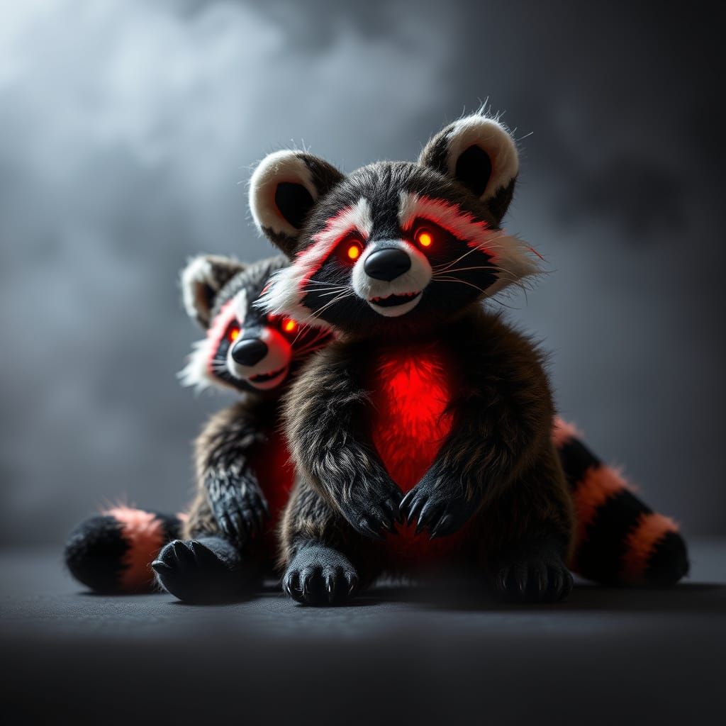 Ominous Raccoons in Dark Red Glowing Light