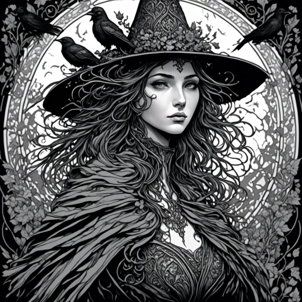 Gothic Witch and Familiars in Ethereal Moonlit Scene