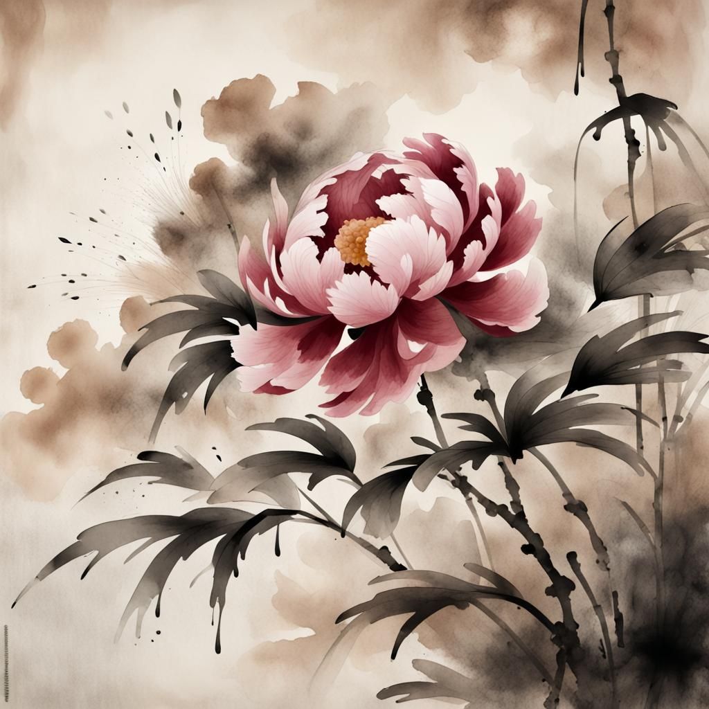 Muted Ink Peony on Rice Paper Texture