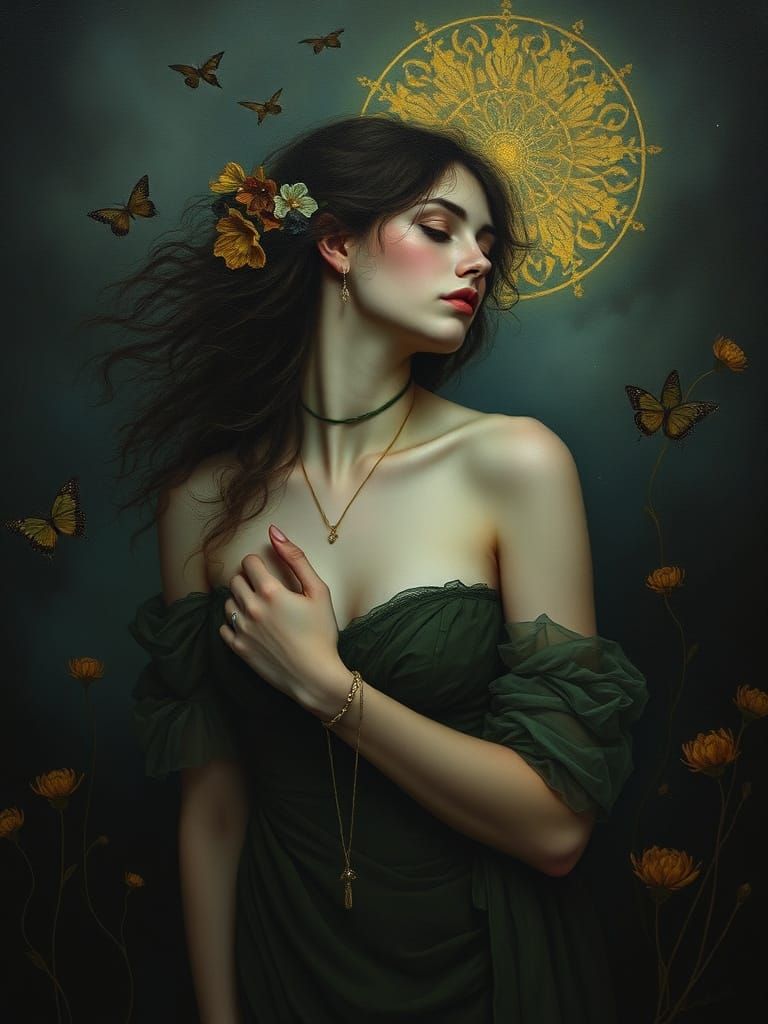 Romantic Portrait of a Dreamy Young Woman in a Dusky Landsca...