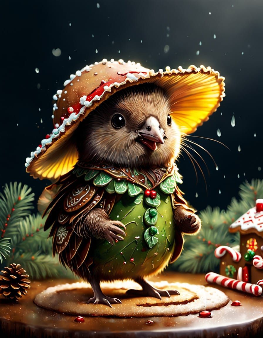 Whimsical Christmas Kiwi in Gingerbread Attire