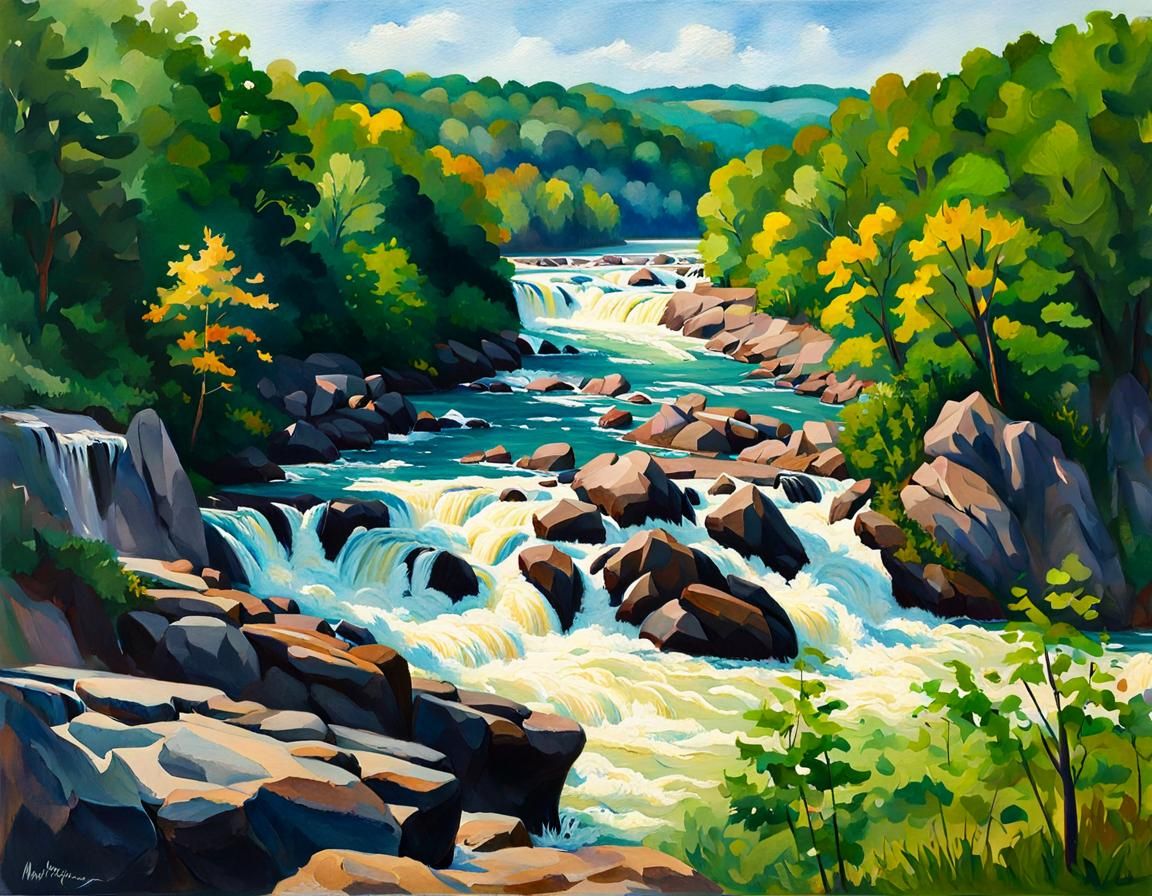 Potomac River Rapids in Gouache Style