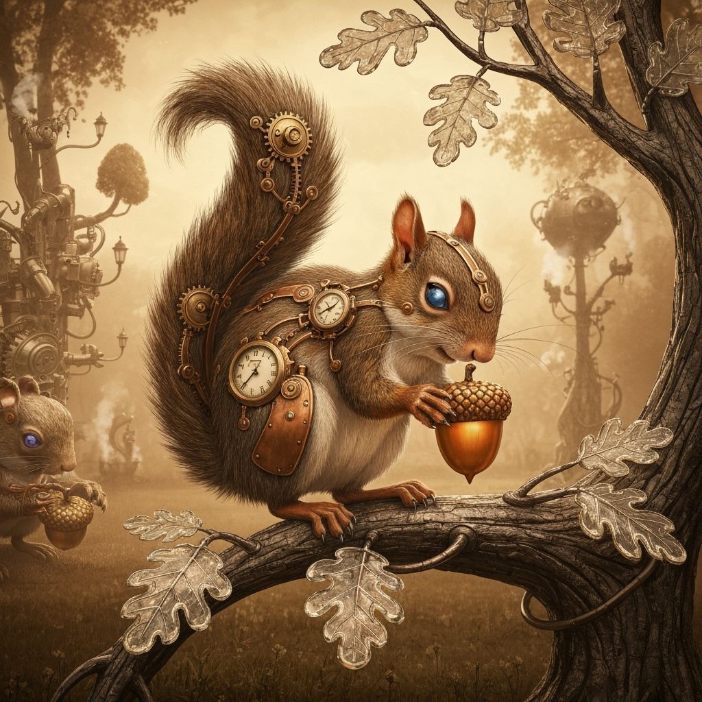 Steampunk Squirrel with Clockwork Tail in Victorian Park