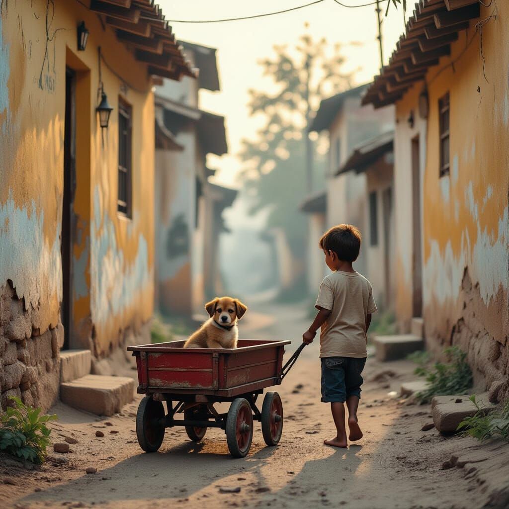 Boy and Puppy in Alley at Dawn: Folkloric Art
