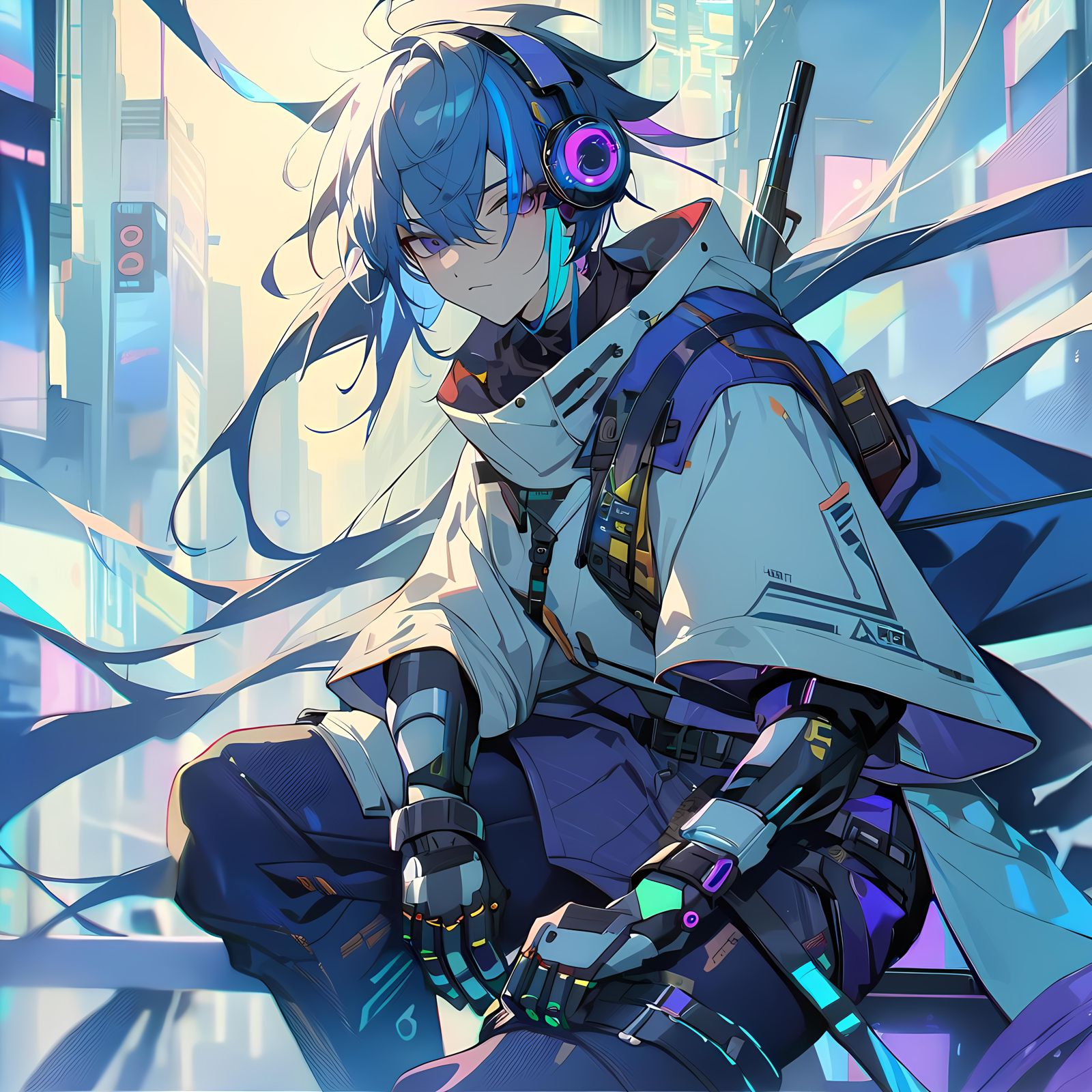 Cyberpunk Archer in Elaborate Cityscape