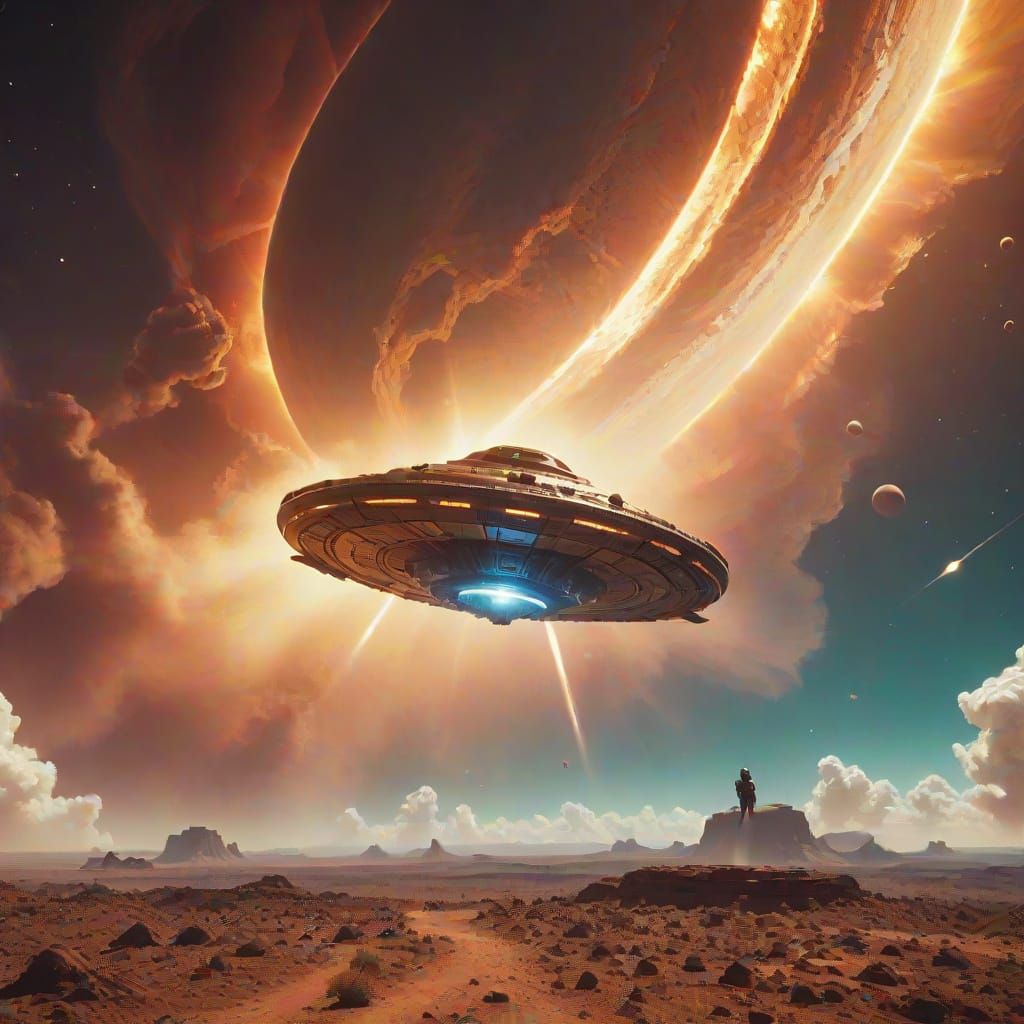 Spaceship Explores Distant Planet with Glowing Rings