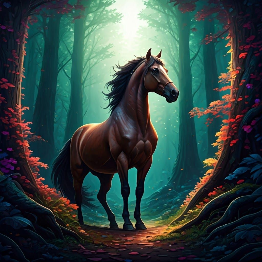 Stallion in Mystical Forest: Fantasy Matte Painting