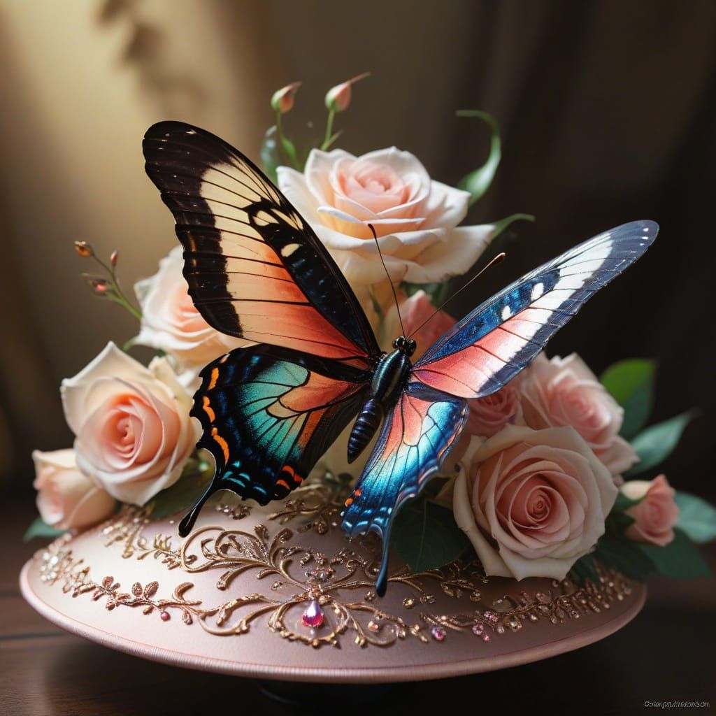 Shimmering Butterfly on Silk Roses Close-Up