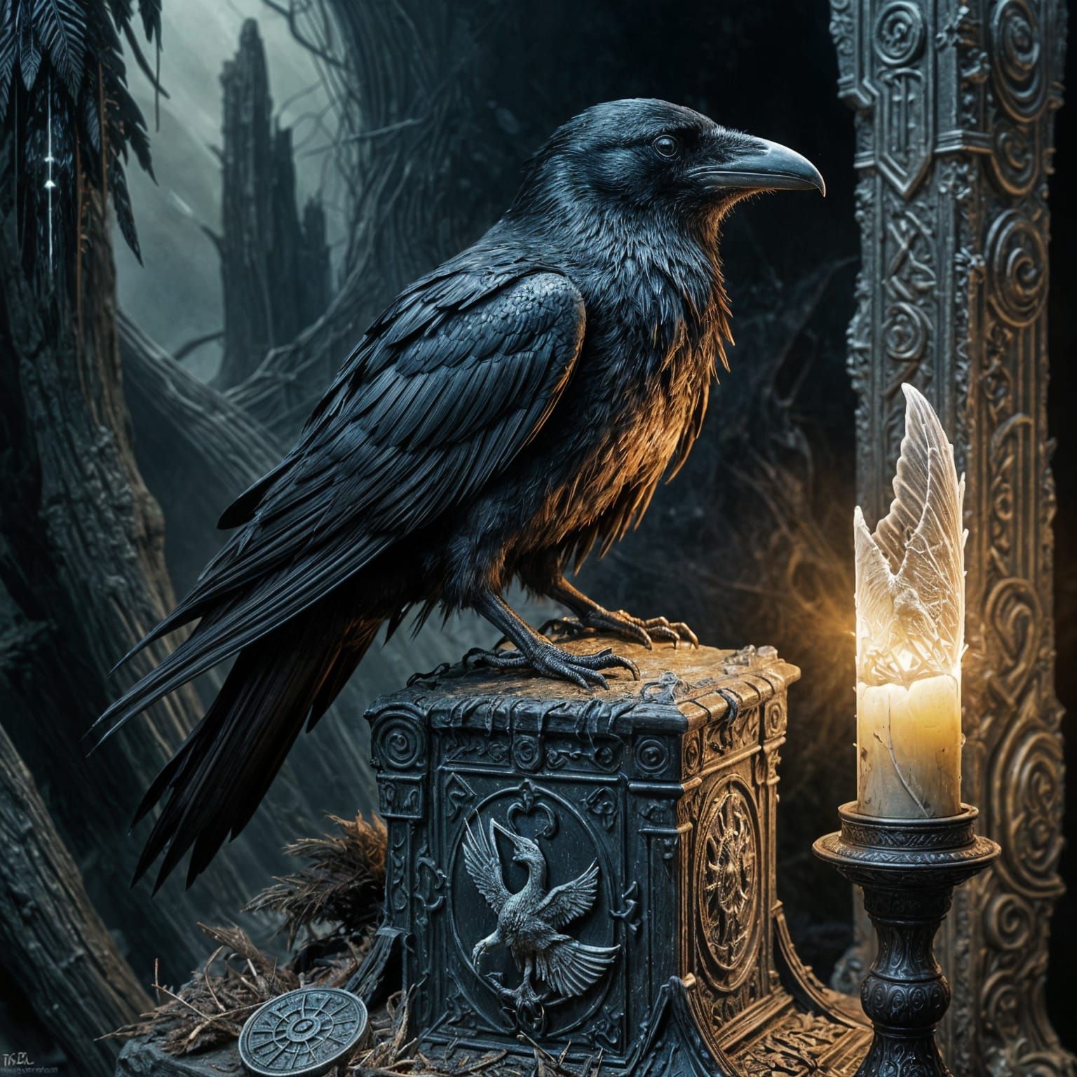 Dark Fantasy Raven in Glitchcore Style