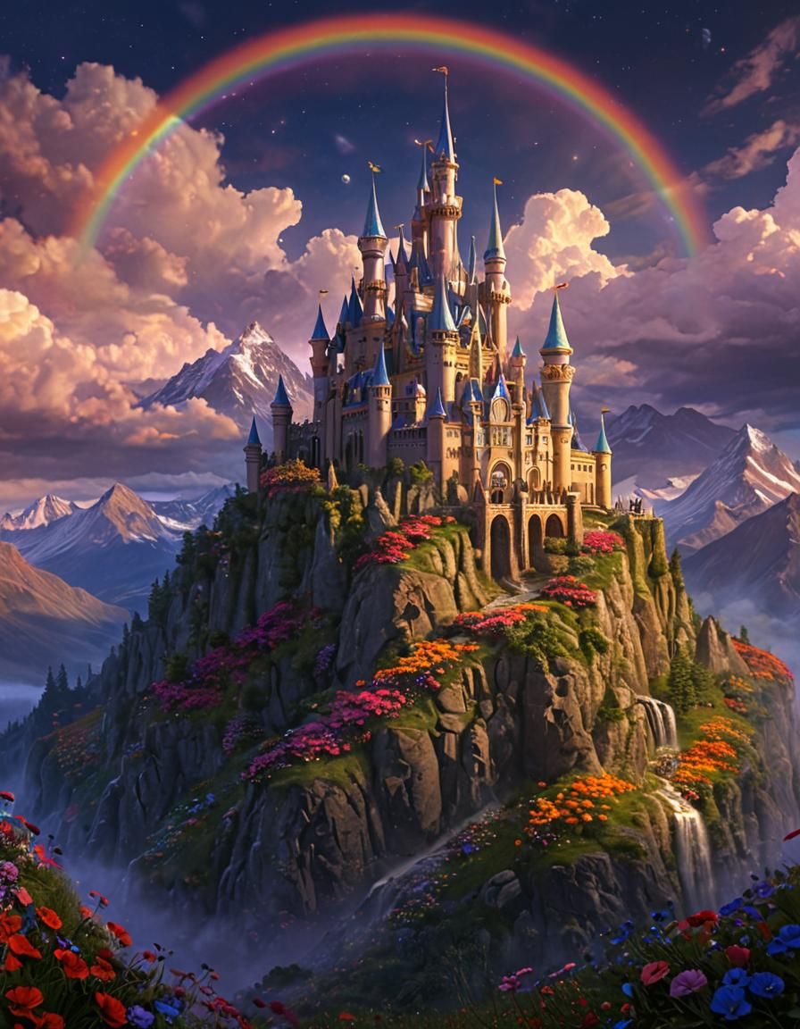 Psychedelic Rainbow Castle Landscape in Ornate Style