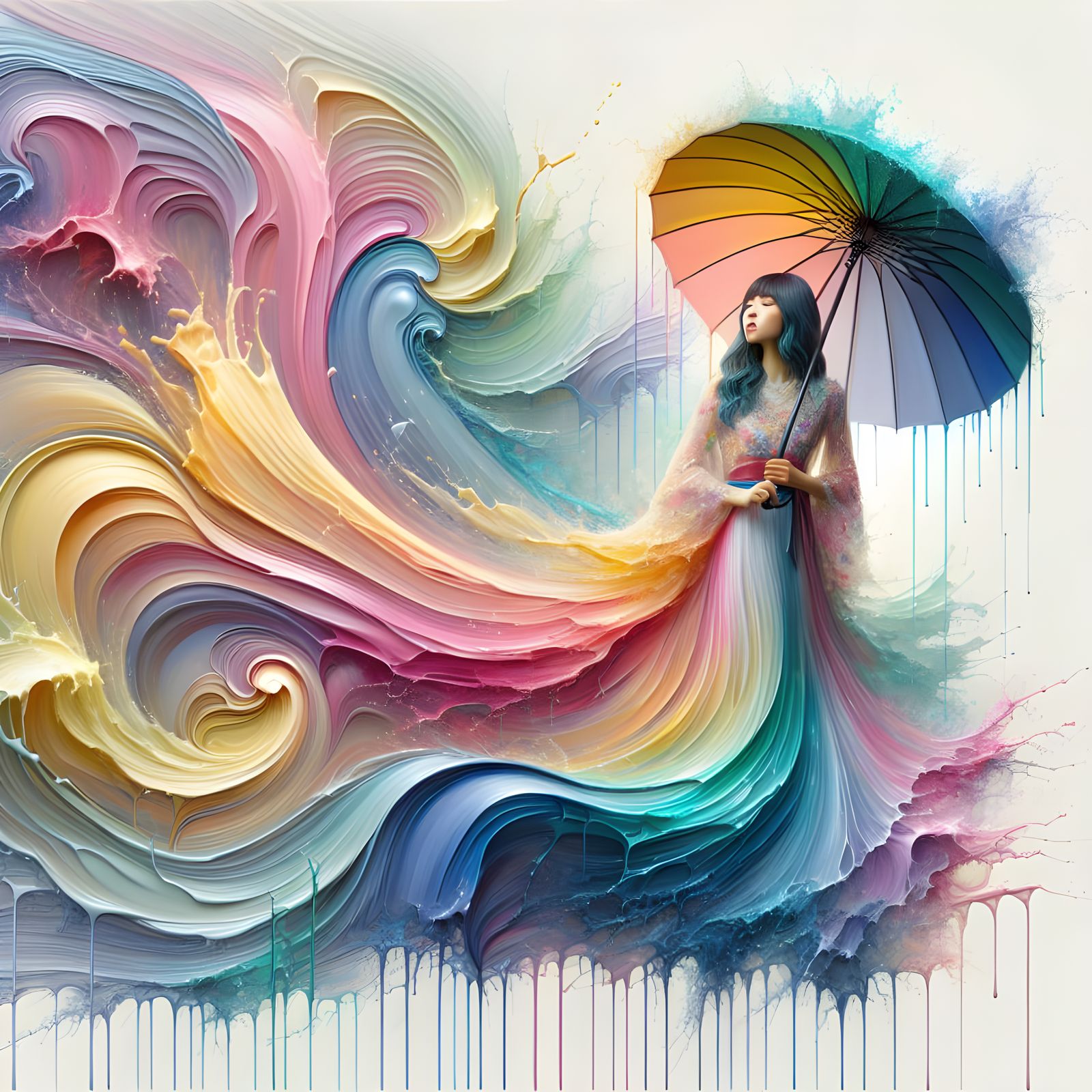 Hyper-Realistic Girl in Rainy East-Asian Inspired Painting w...