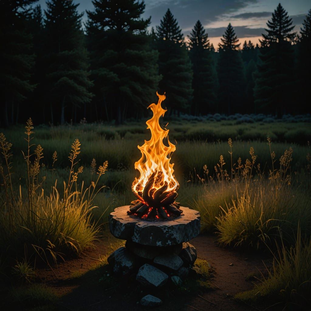 Glowing Flame Illuminates Dark Meadow in Moody Landscape