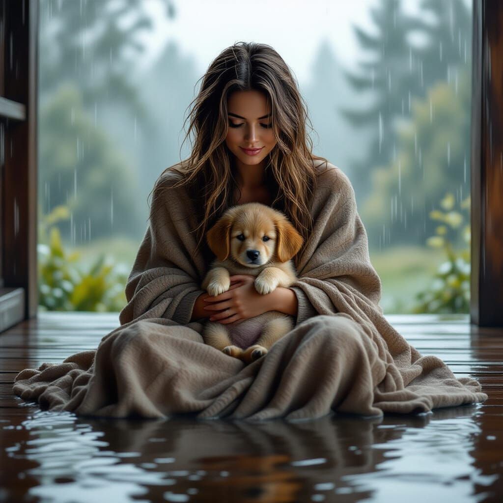 Woman with Puppy on Porch in Realistic Style