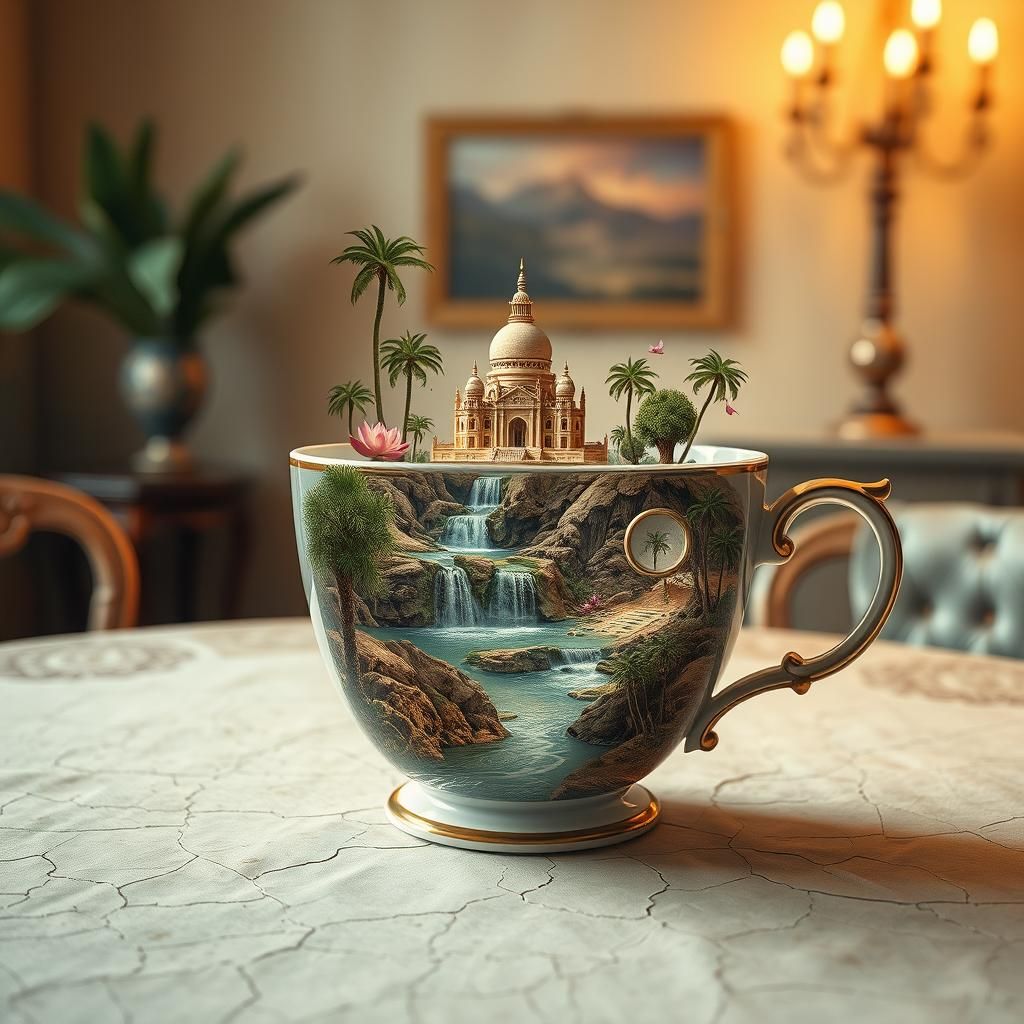 Oasis in a Cup: Hyperrealistic Double Exposure Painting