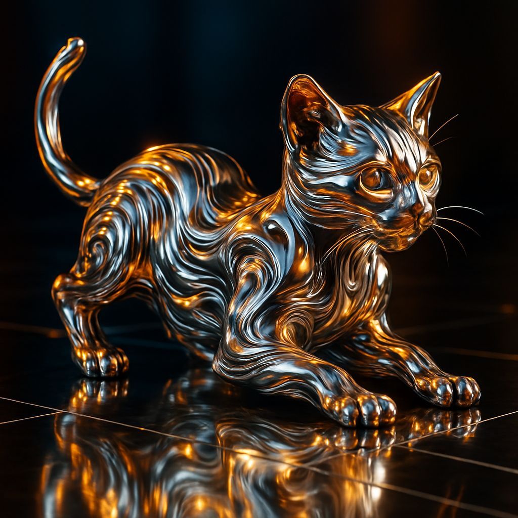 Futuristic Liquid Metal Cat Sculpture in 8k