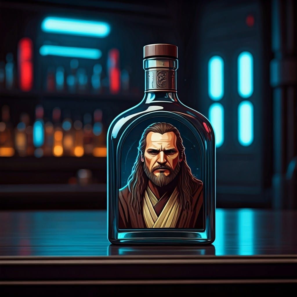 Sleek Galactic Pub Counter Honors Qui-Gon Jinn in Cyberpunk...