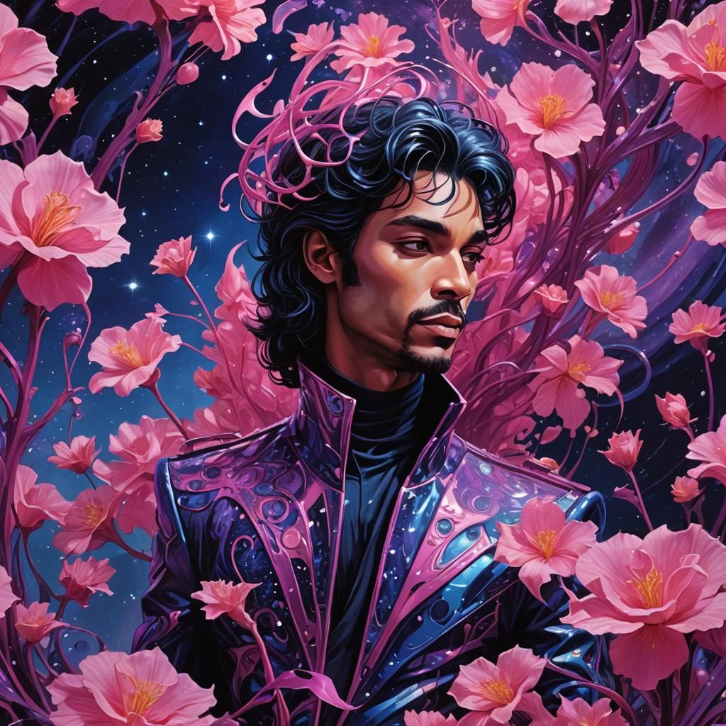 Prince in Abstract Pink Galaxy with Enchanted Flowers
