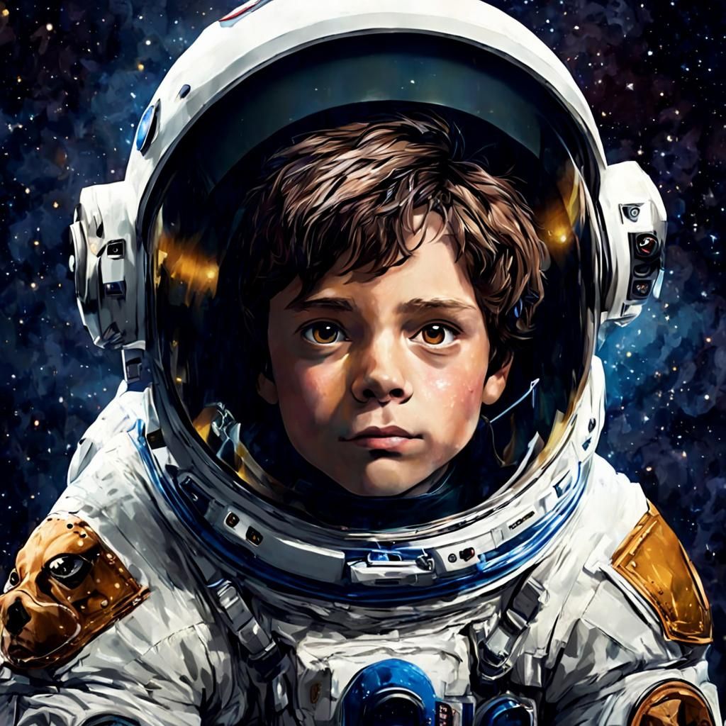 Boy and Bulldog in Spacesuits Explore Space
