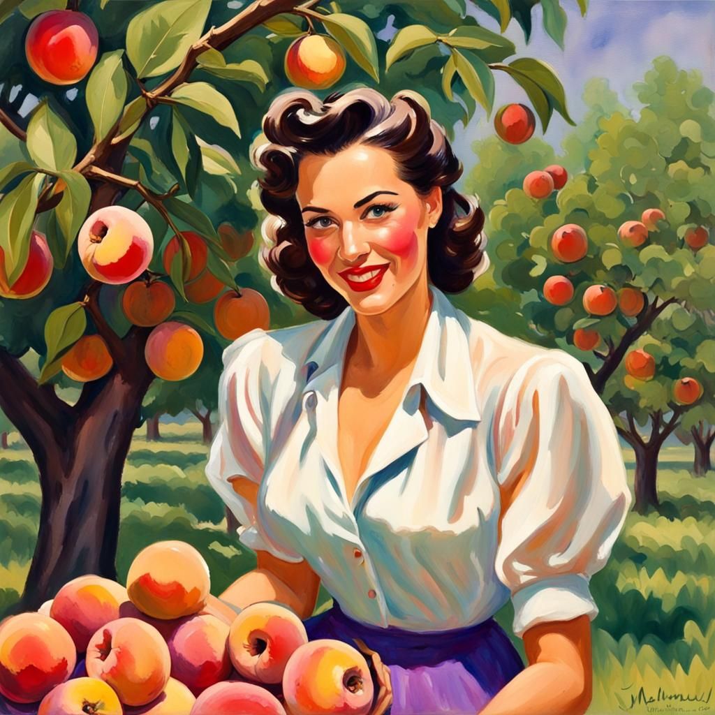 1940s Pin-Up Girl Picking Peaches, Gouache Style