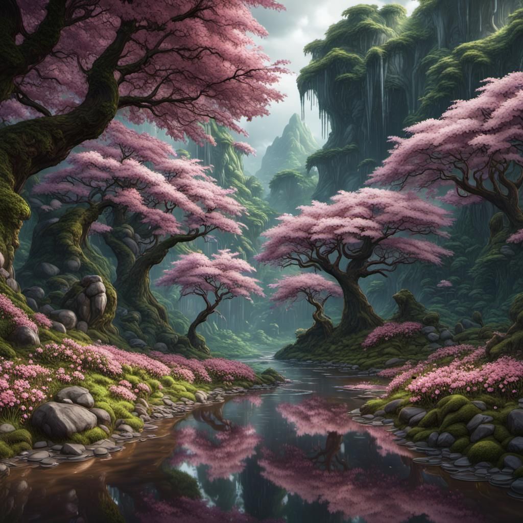 Cherry Blossom Rainforest: Detailed Fantasy Art