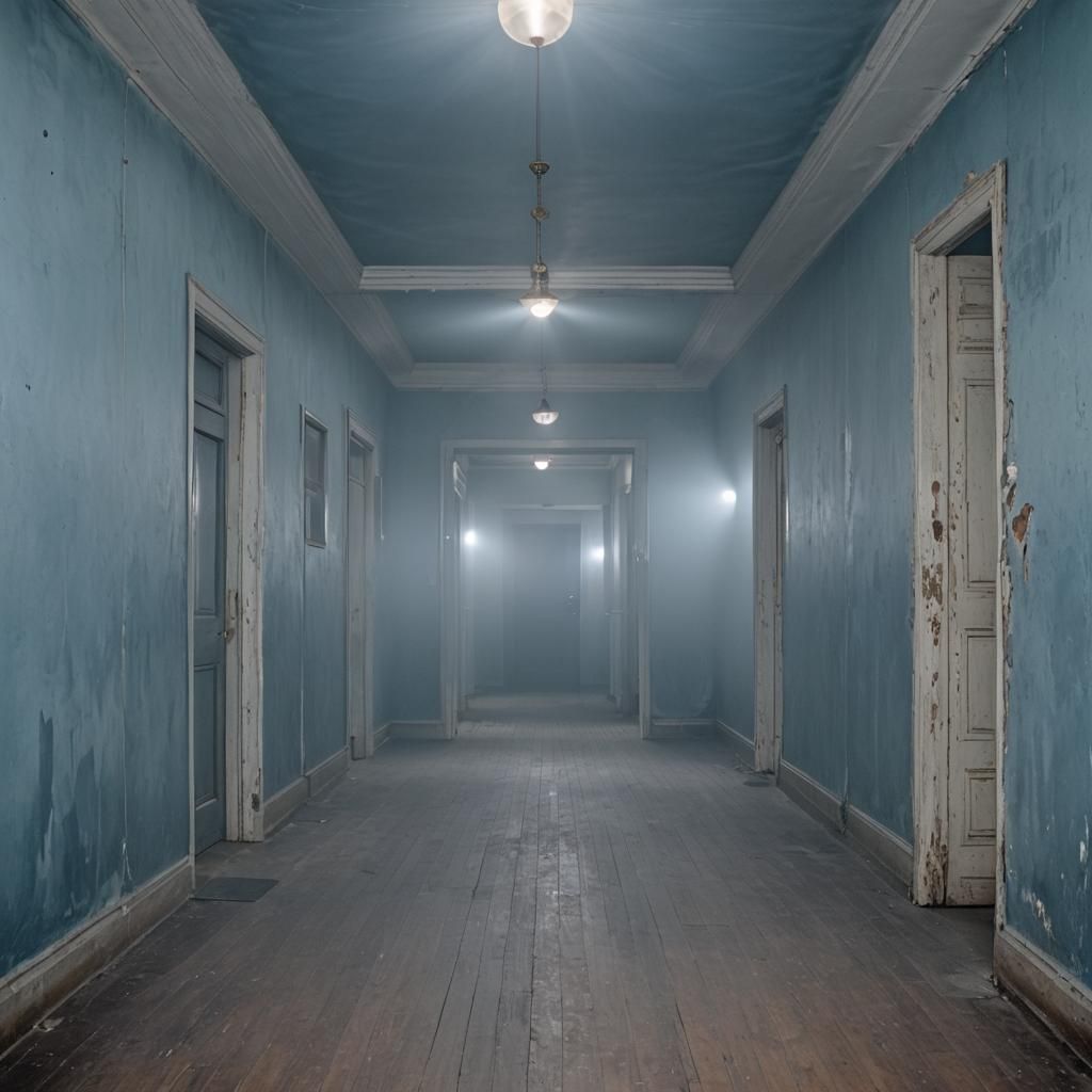 Ethereal Blue Fog in Liminal Corridor