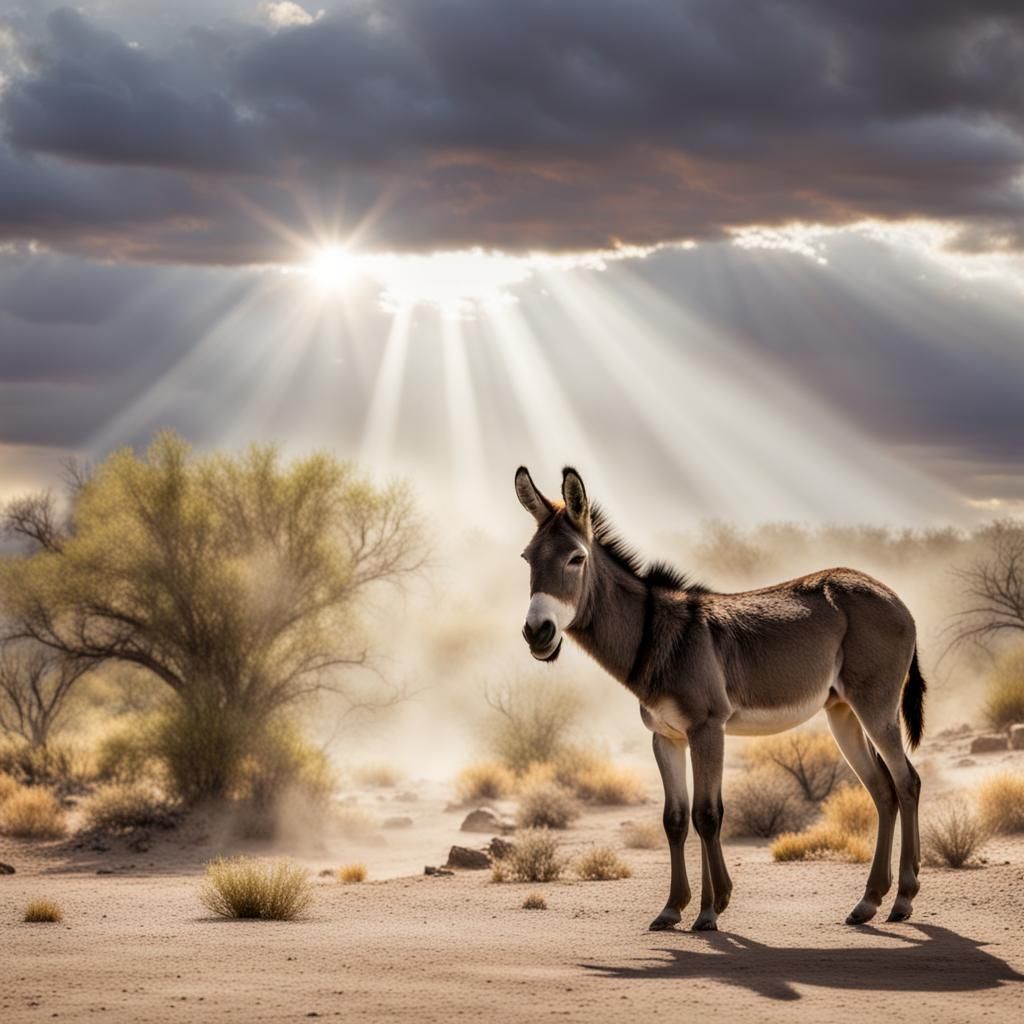 Wild Burros at Desert Waterhole in Divine Light