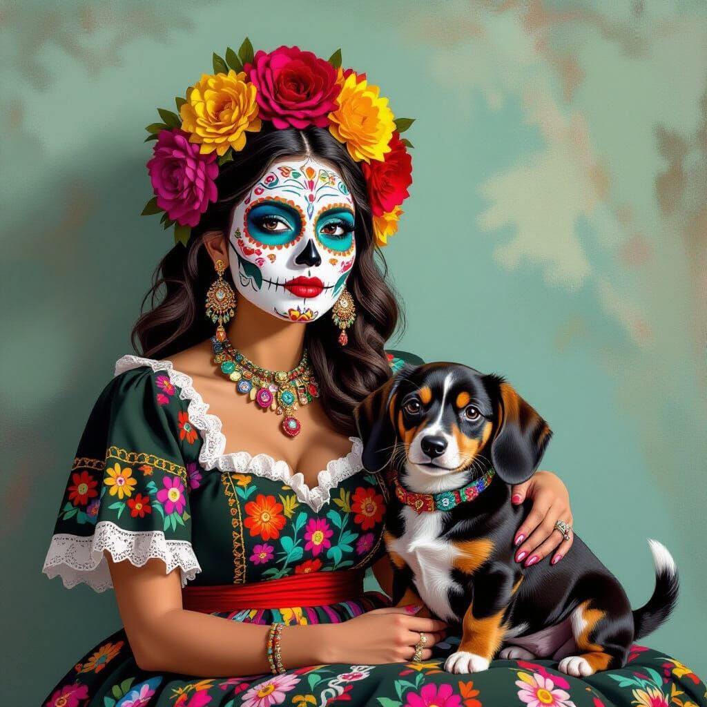 Día de los Muertos: Woman and Puppy in Whimsical Style