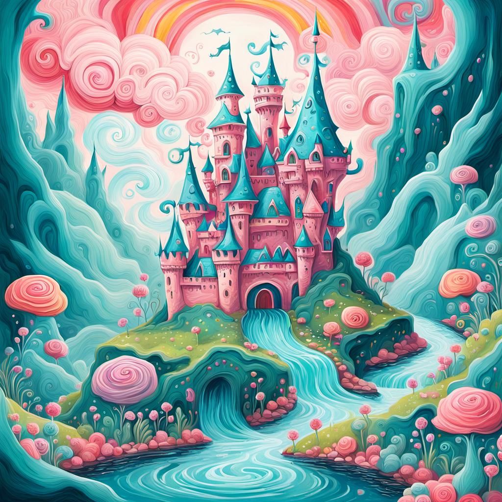 Whimsical Fantasy Castle with Friendly Monster in Gouache