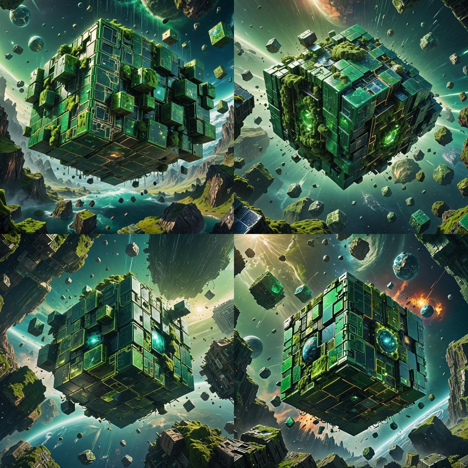 Green Borg Cube Orbiting Earth: Hyperrealistic Digital Art