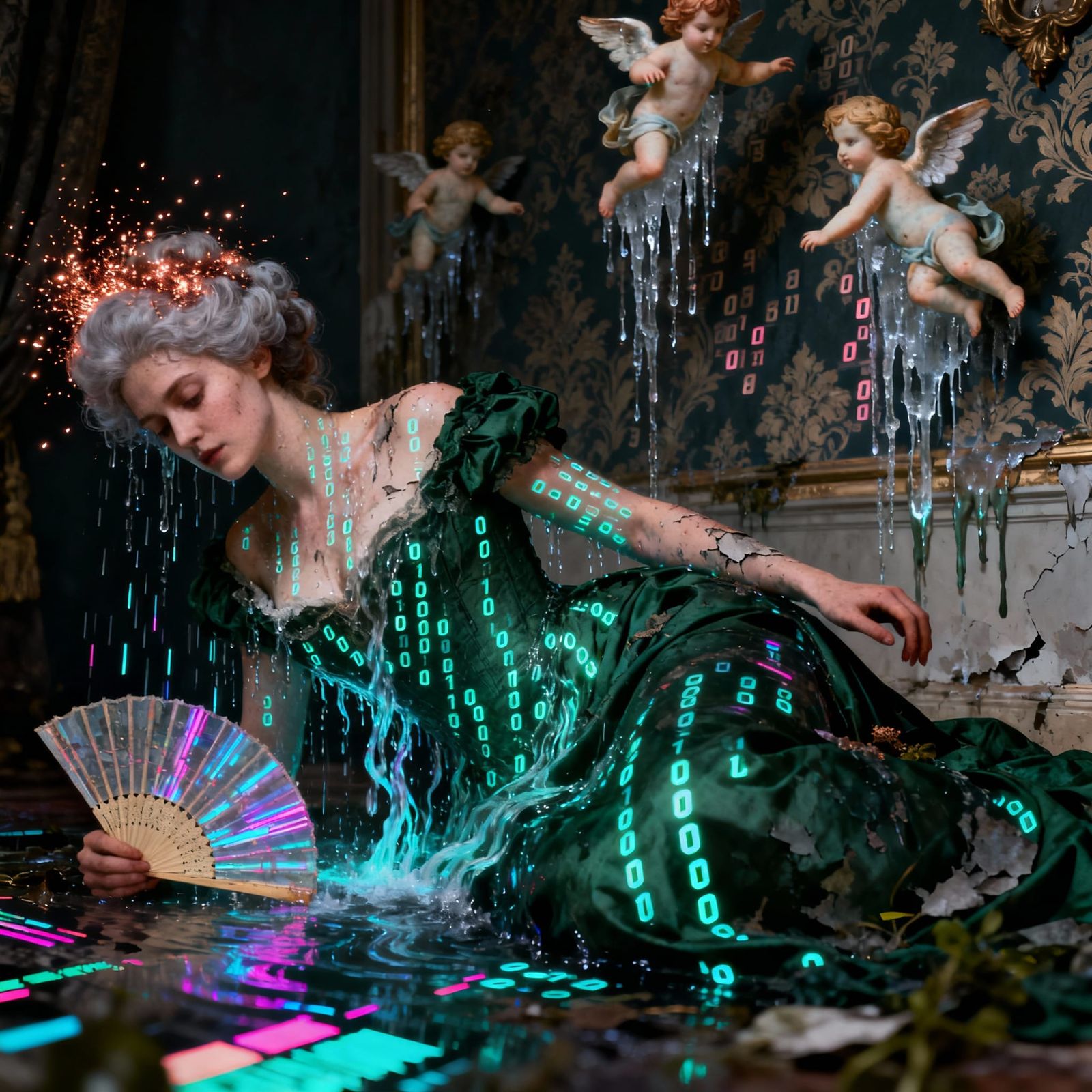 Noblewoman's Digital Collapse in Opulent Portrait