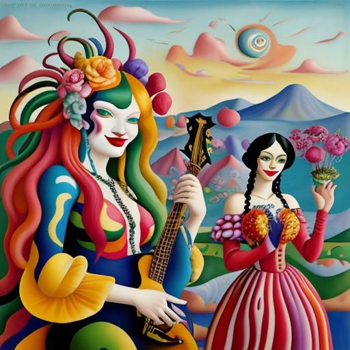 Extravagant Musicians in Dreamlike Landscape as Oil Painting