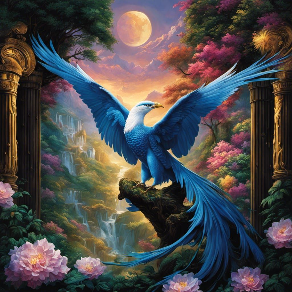 A Beautiful Blue Phoenix at the Garden under a Moonlight