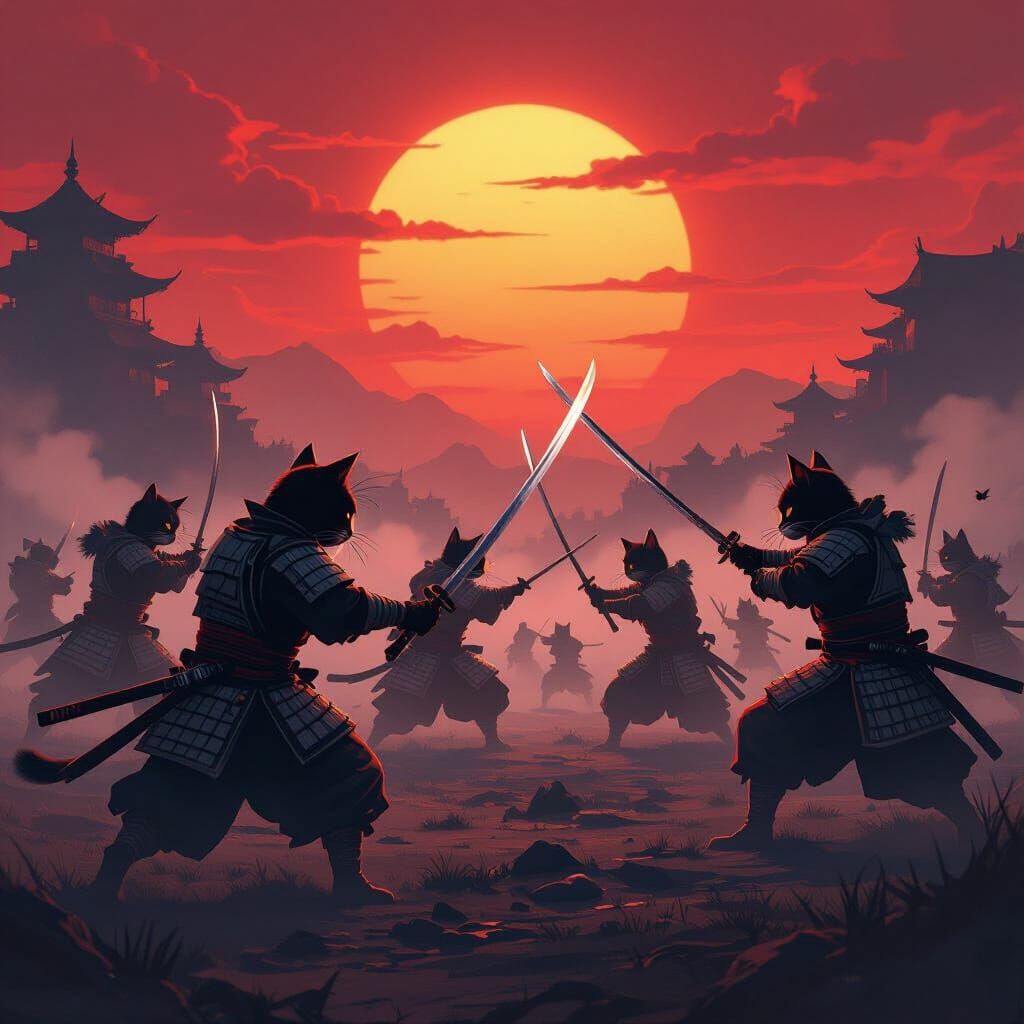 Warrior Cats in Epic Samurai Battle at Crimson Sunset