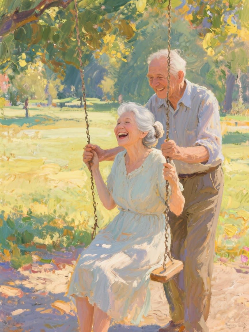 Elderly Couple's Joyful Swing: An Impressionistic Painting