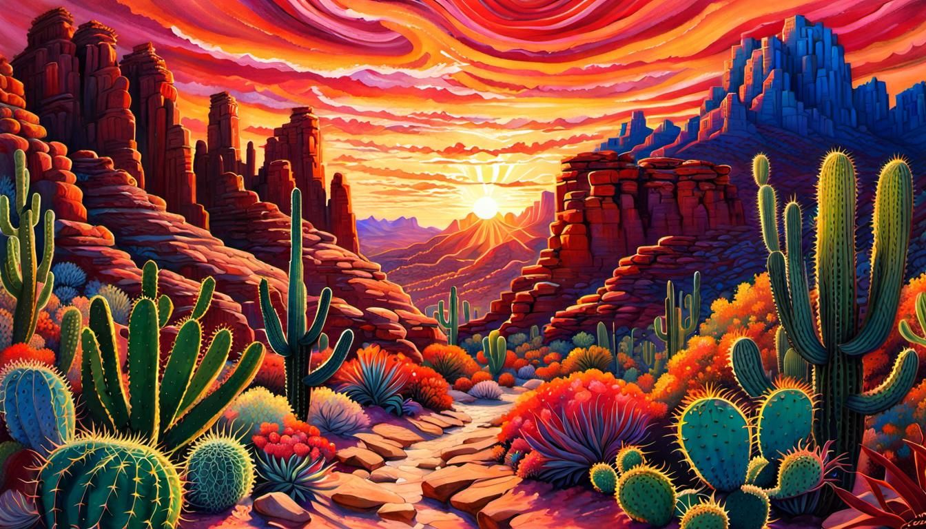 Desert Canyon Sunset: Impressionist Palette Knife Painting