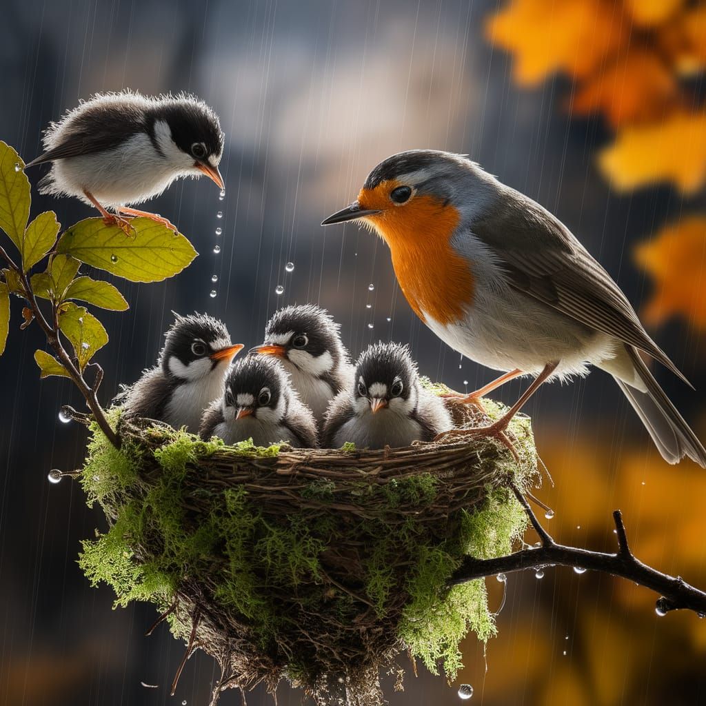 Robin Shelters Nest in Rain, Ansel Adams Style