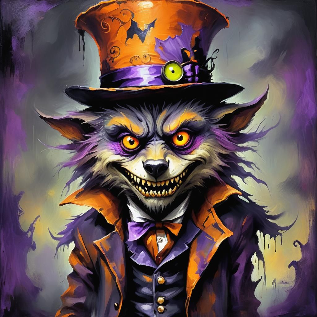 Surreal Halloween Werewolf Hatter in Oil Painting Style
