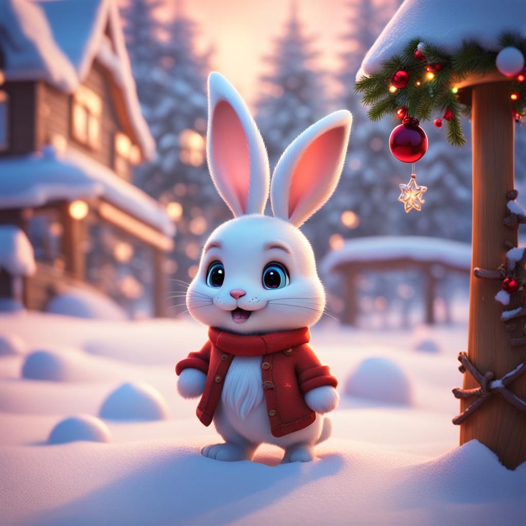 Festive Chibi Rabbit in Snow: 3D Digital Art