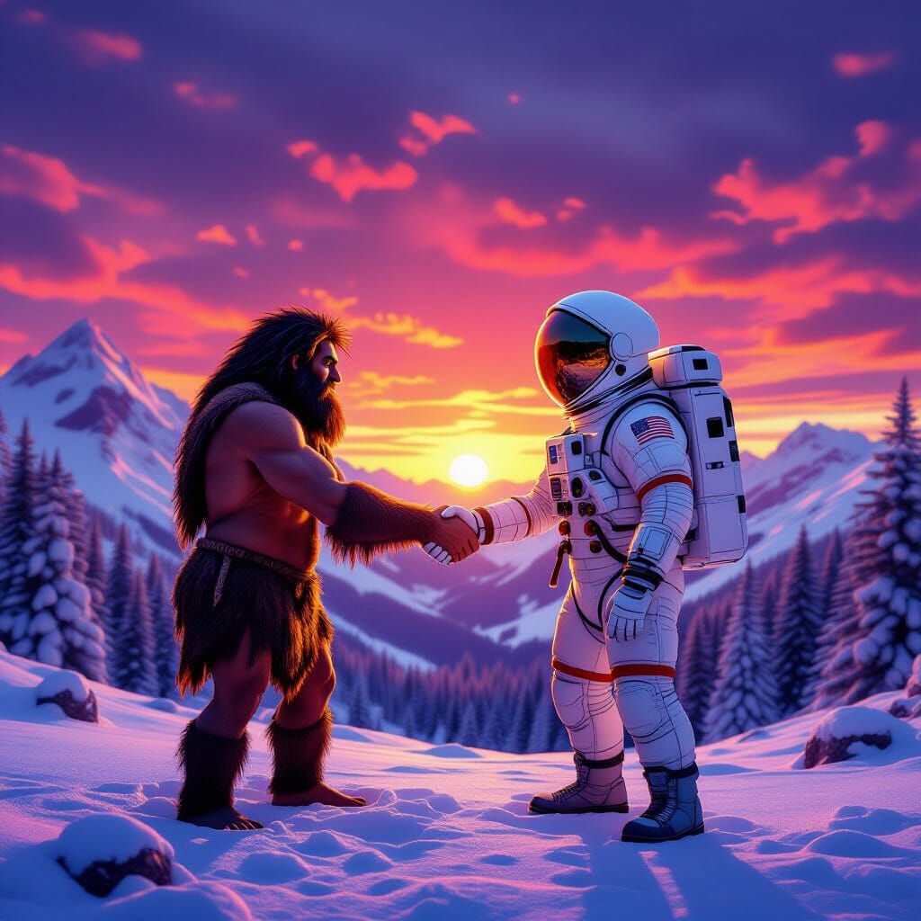 Caveman Meets Astronaut in Sci-Fi Sunset Landscape