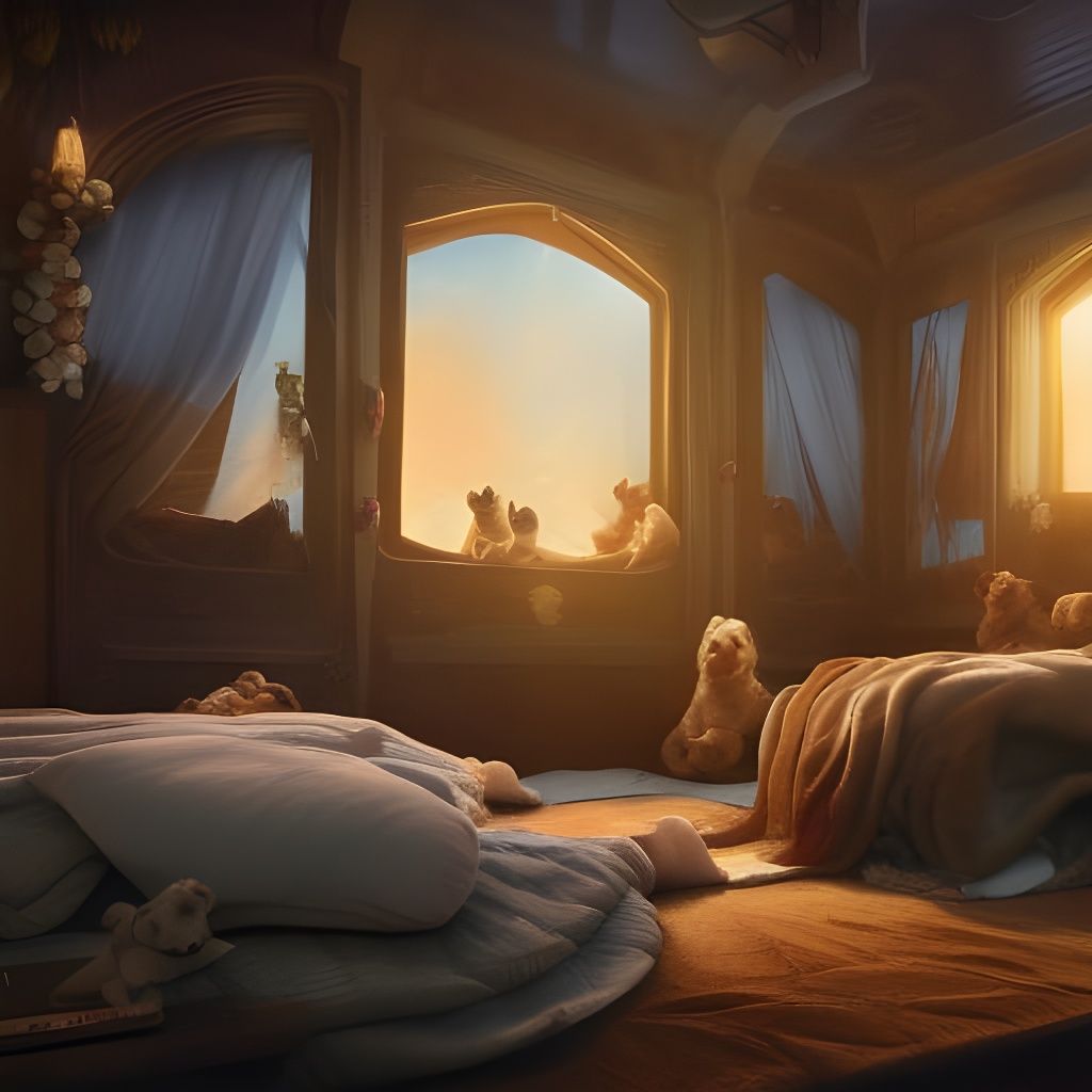 Cozy Bed with Puppies: Fantasy Concept Art