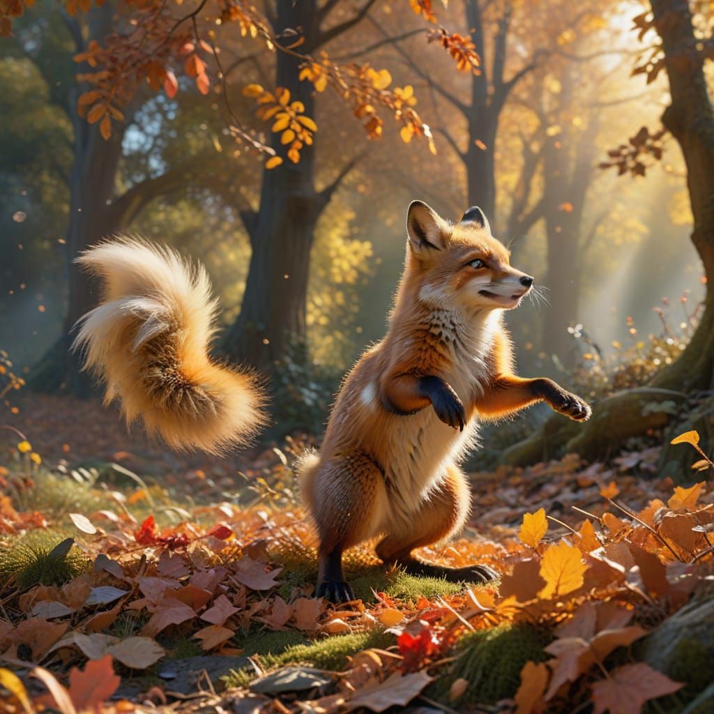 Joyful Fox and Squirrel Dance Amid Autumn Leaves