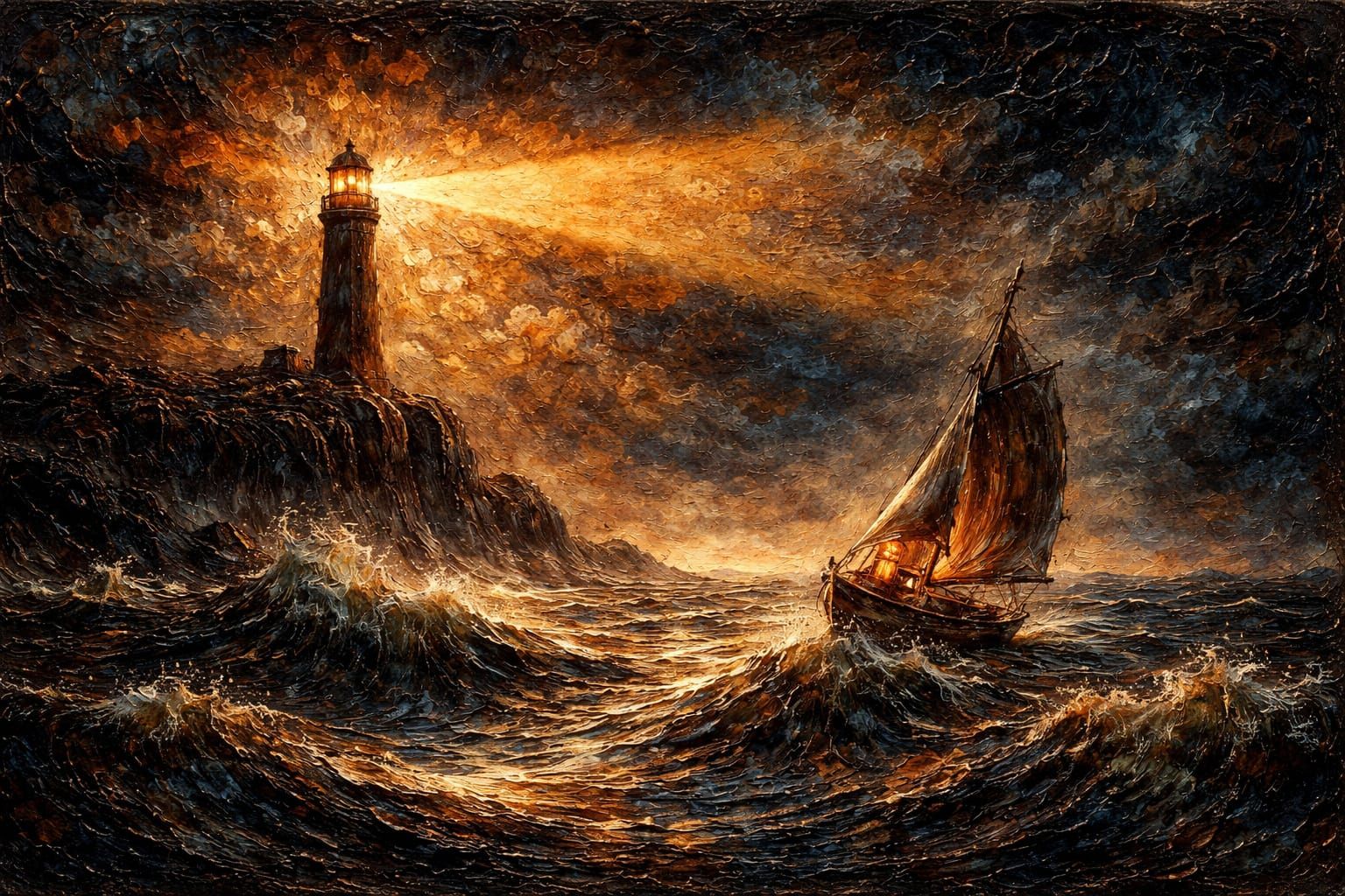 Lighthouse Beams Light on Sailboat in Dark Sea Landscape