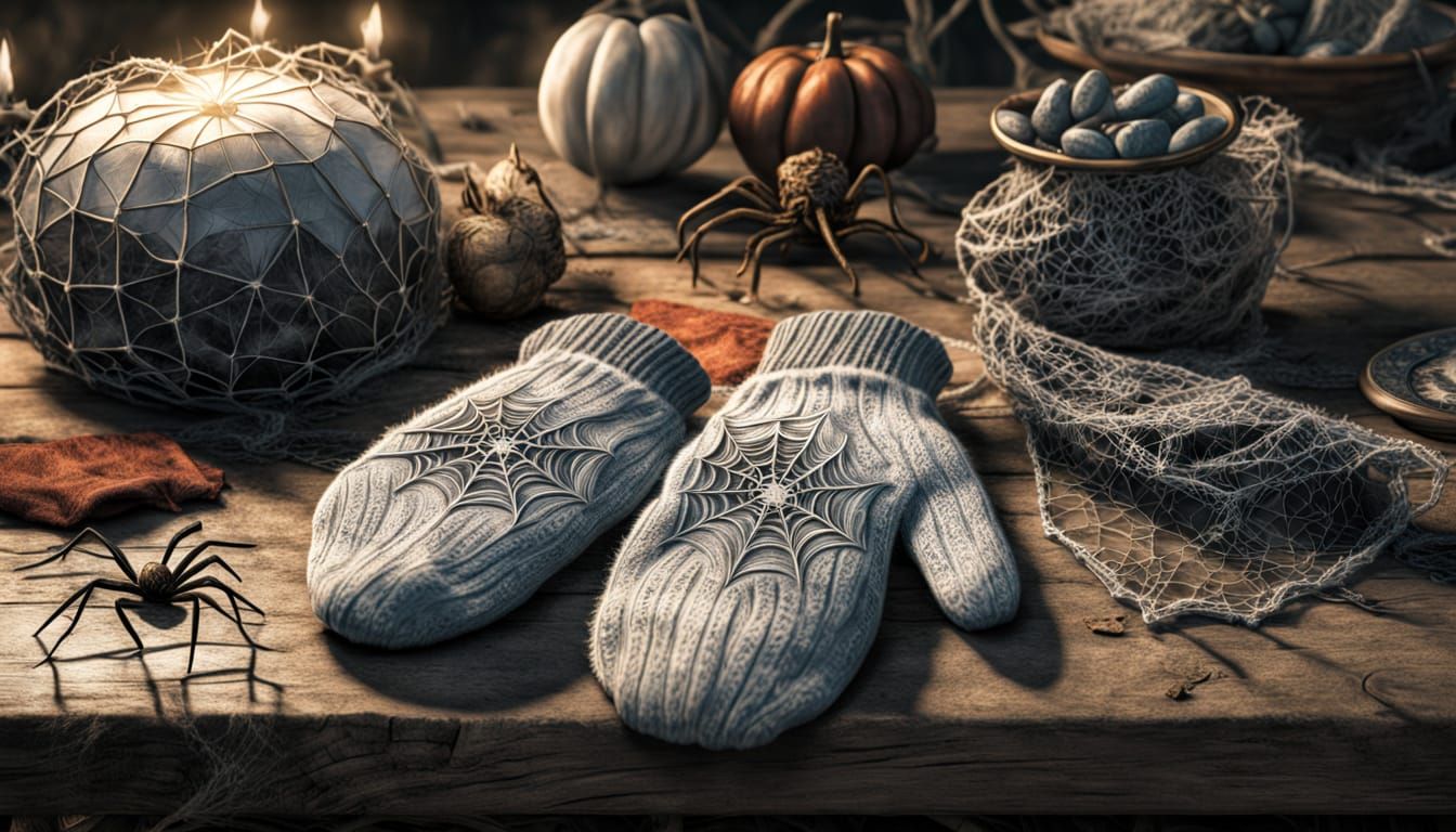 Spooky Spider Web Mittens and Scarf on Wooden Table